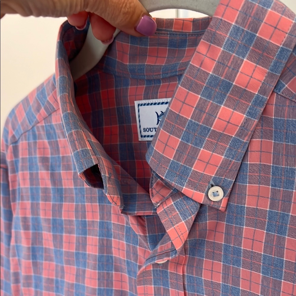 Southern Tide Chambray Blue and Coral Plaid Button Down Shirt